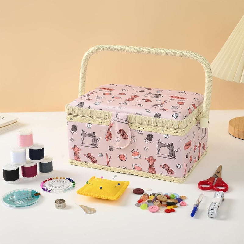 FOPUGT Sewing Basket - Medium Sewing Box for Sewing Supplies, Sewing Organizer Box Sewing Kit Storage Christmas Gift for Sewing Enthusiast (Pastel Pink) - Image 4